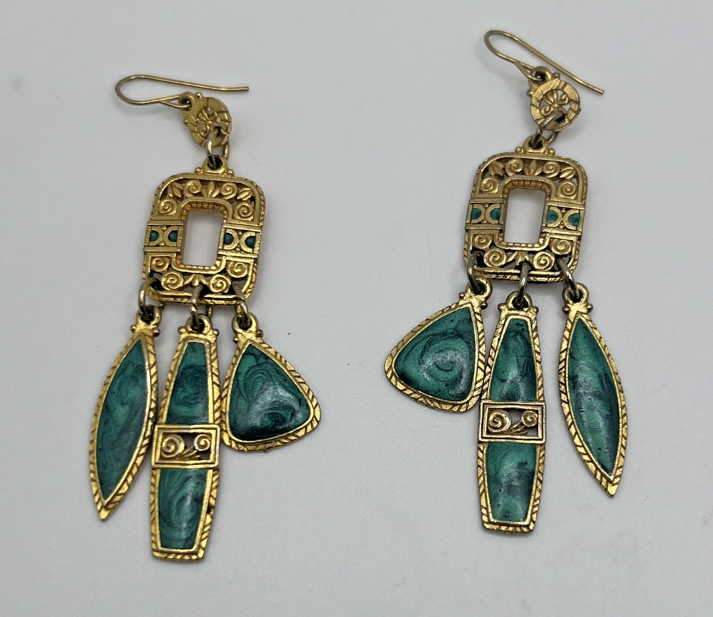 Vintage Berébi Gold Tone Green Swril Enamel Geometric Bold Dangle Drop Earrings